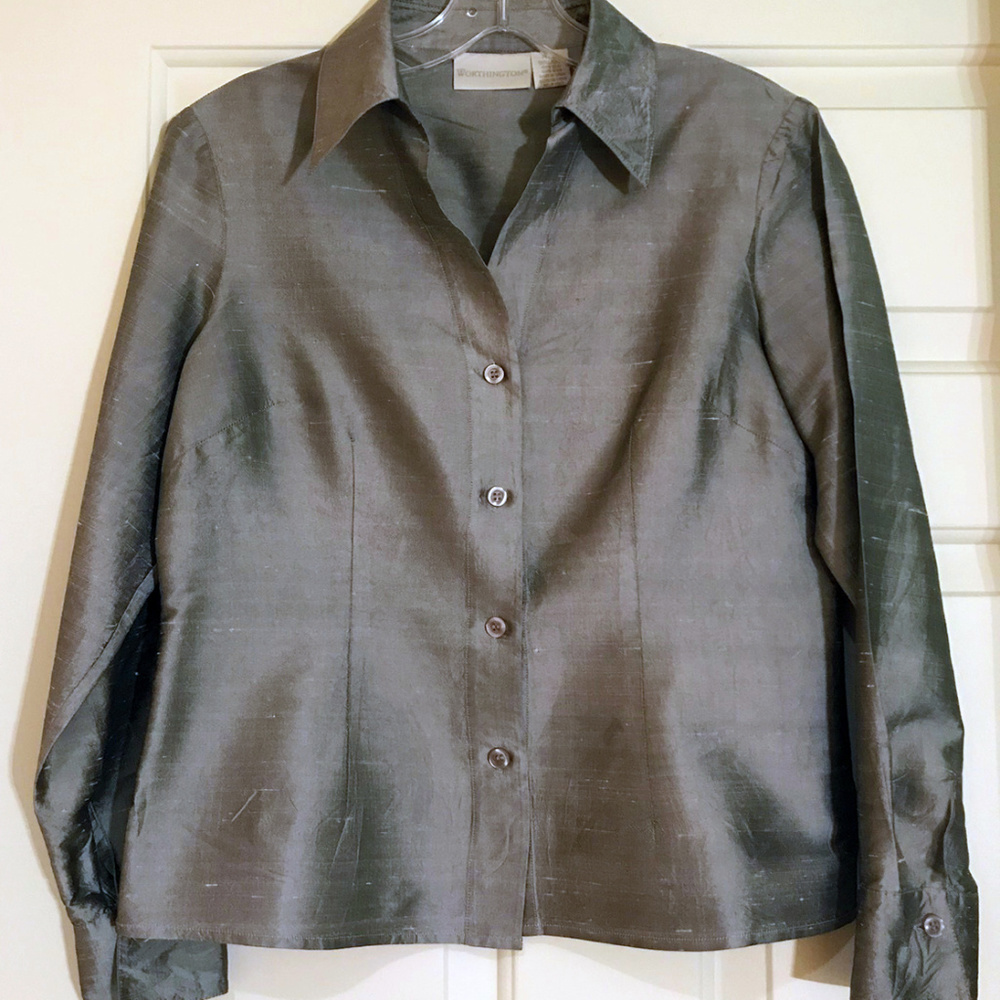 100% Silk Metallic Silver Blouse, Petite Small